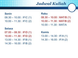 Jadwal Kuliah

Senin                        Rabu
08.30 – 10.00 : IF/C (1)     08.30 – 10.00 : MAT/B (1)
10.00 – 11.30 : IF/C (2)     10.00 – 11.30 : MAT/B (2)
                             10.00 – 11.30 : MAT/A
Selasa
07.00 – 08.30 : IF/D (1)     Kamis
10.00 – 11.30 : IF/D (2)     13.00 – 14.30 : IF/A (1)
13.00 – 14.30 : IF/B (1)     14.30 – 16.00 : IF/A (2)
14.30 – 16.00 : IF/B (2)
 