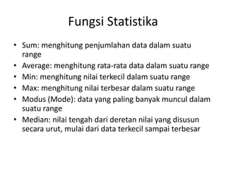 Fungsi Statistika
• Sum: menghitung penjumlahan data dalam suatu
range
• Average: menghitung rata-rata data dalam suatu range
• Min: menghitung nilai terkecil dalam suatu range
• Max: menghitung nilai terbesar dalam suatu range
• Modus (Mode): data yang paling banyak muncul dalam
suatu range
• Median: nilai tengah dari deretan nilai yang disusun
secara urut, mulai dari data terkecil sampai terbesar

 