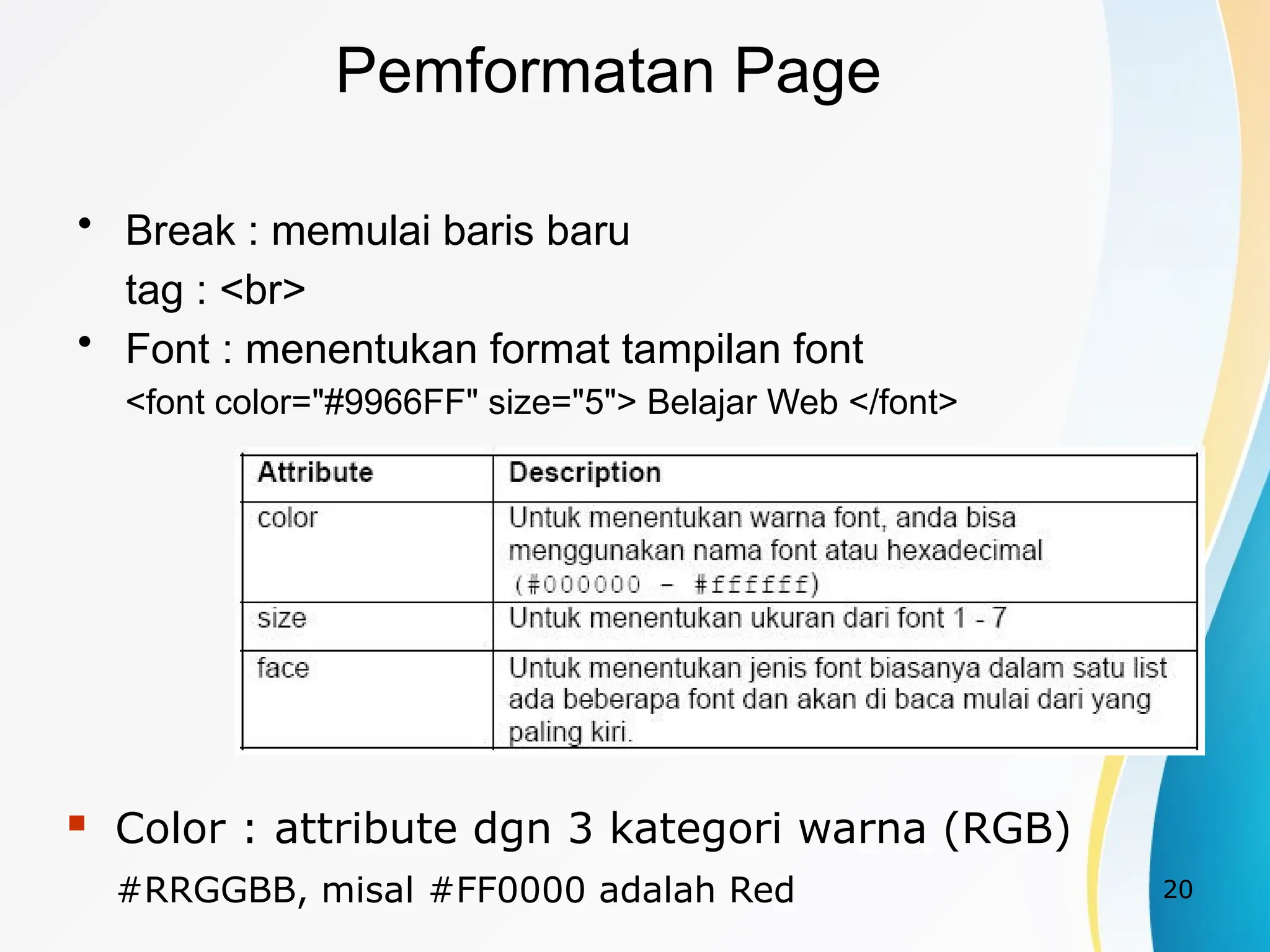 20
Pemformatan Page
• Break : memulai baris baru
tag : <br>
• Font : menentukan format tampilan font
<font color="#9966FF" size="5"> Belajar Web </font>
 Color : attribute dgn 3 kategori warna (RGB)
#RRGGBB, misal #FF0000 adalah Red
 