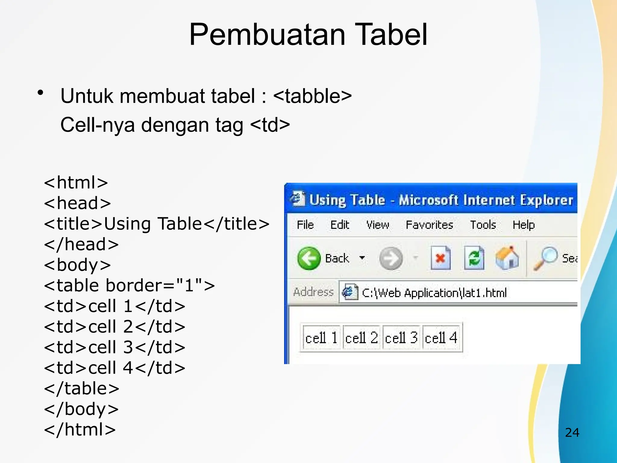 24
Pembuatan Tabel
• Untuk membuat tabel : <tabble>
Cell-nya dengan tag <td>
<html>
<head>
<title>Using Table</title>
</head>
<body>
<table border="1">
<td>cell 1</td>
<td>cell 2</td>
<td>cell 3</td>
<td>cell 4</td>
</table>
</body>
</html>
 
