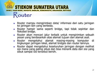 27
Router
 Router mampu mengirimkan data/ informasi dari satu jaringan
ke jaringan lain yang berbeda.
 Router hampir sama seperti bridge, tapi tidak sepintar dan
fleksibel bridge.
 Router akan mencari jalur terbaik untuk mengirimkan sebuah
pesan yang berdasarkan atas alamat tujuan dan alamat asal.
 Router mengetahui alamat masing-masing komputer di
lingkungan jaringan lokal, alamat bridges dan router lainnya.
 Router dapat mengetahui keseluruhan jaringan dengan melihat
sisi mana yang paling sibuk dan bisa menarik data dari sisi yang
sibuk sampai sisi tersebut bersih.
 