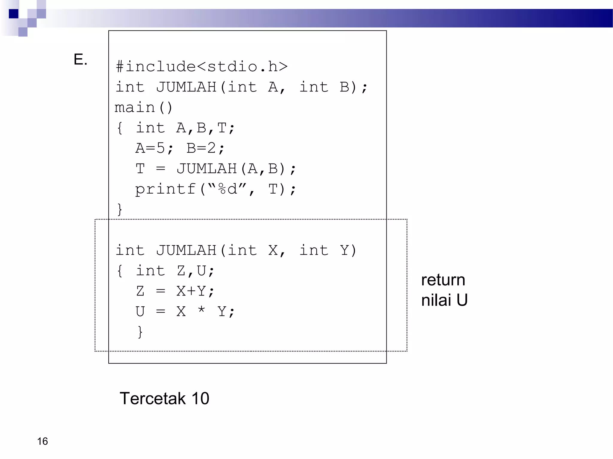 16
E. #include<stdio.h>
int JUMLAH(int A, int B);
main()
{ int A,B,T;
A=5; B=2;
T = JUMLAH(A,B);
printf(“%d”, T);
}
int JUMLAH(int X, int Y)
{ int Z,U;
Z = X+Y;
U = X * Y;
}
Tercetak 10
return
nilai U
 