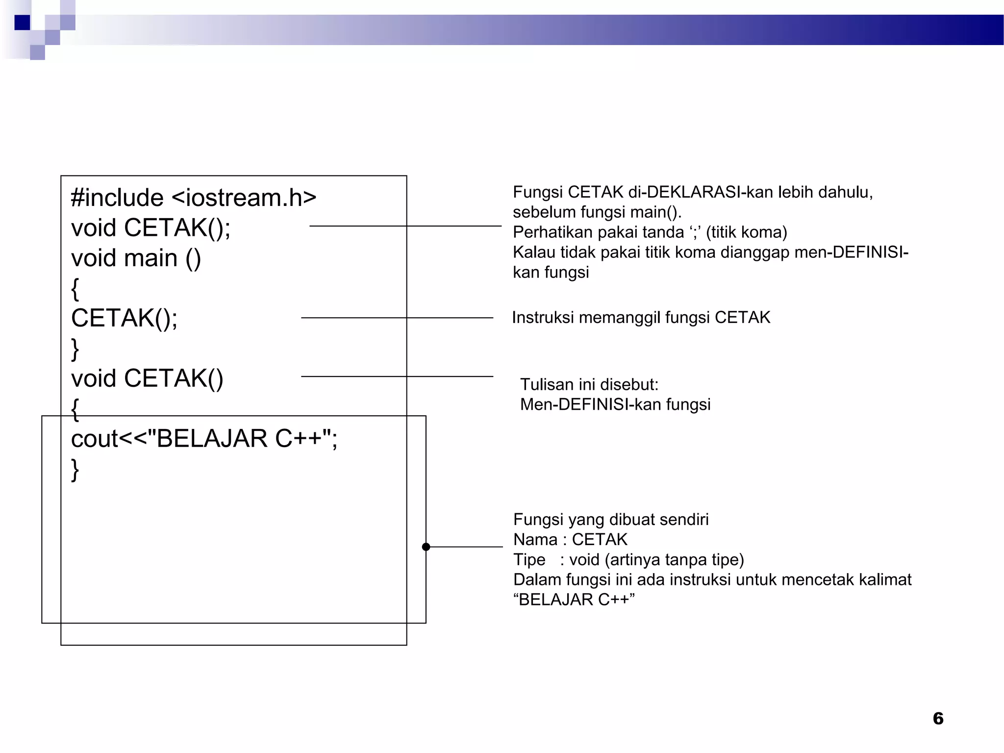 #include <iostream.h>
void CETAK();
void main ()
{
CETAK();
}
void CETAK()
{
cout<<"BELAJAR C++";
}
Fungsi CETAK di-DEKLARASI-kan lebih dahulu,
sebelum fungsi main().
Perhatikan pakai tanda ‘;’ (titik koma)
Kalau tidak pakai titik koma dianggap men-DEFINISI-
kan fungsi
Instruksi memanggil fungsi CETAK
Tulisan ini disebut:
Men-DEFINISI-kan fungsi
Fungsi yang dibuat sendiri
Nama : CETAK
Tipe : void (artinya tanpa tipe)
Dalam fungsi ini ada instruksi untuk mencetak kalimat
“BELAJAR C++”
6
 