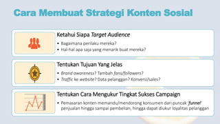 Cara Membuat Strategi Konten Sosial
Ketahui Siapa Target Audience
• Bagaimana perilaku mereka?
• Hal-hal apa saja yang menarik buat mereka?
Tentukan Tujuan Yang Jelas
• Brand awareness? Tambah fans/followers?
• Traffic ke website? Data pelanggan? Konversi/sales?
Tentukan Cara Mengukur Tingkat Sukses Campaign
• Pemasaran konten memandu/mendorong konsumen dari puncak ‘funnel’
penjualan hingga sampai pembelian, hingga dapat diukur loyalitas pelanggan
 