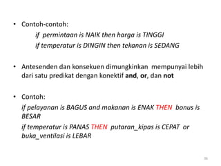 • Contoh-contoh:
if permintaan is NAIK then harga is TINGGI
if temperatur is DINGIN then tekanan is SEDANG
• Antesenden dan konsekuen dimungkinkan mempunyai lebih
dari satu predikat dengan konektif and, or, dan not
• Contoh:
if pelayanan is BAGUS and makanan is ENAK THEN bonus is
BESAR
if temperatur is PANAS THEN putaran_kipas is CEPAT or
buka_ventilasi is LEBAR
36
 