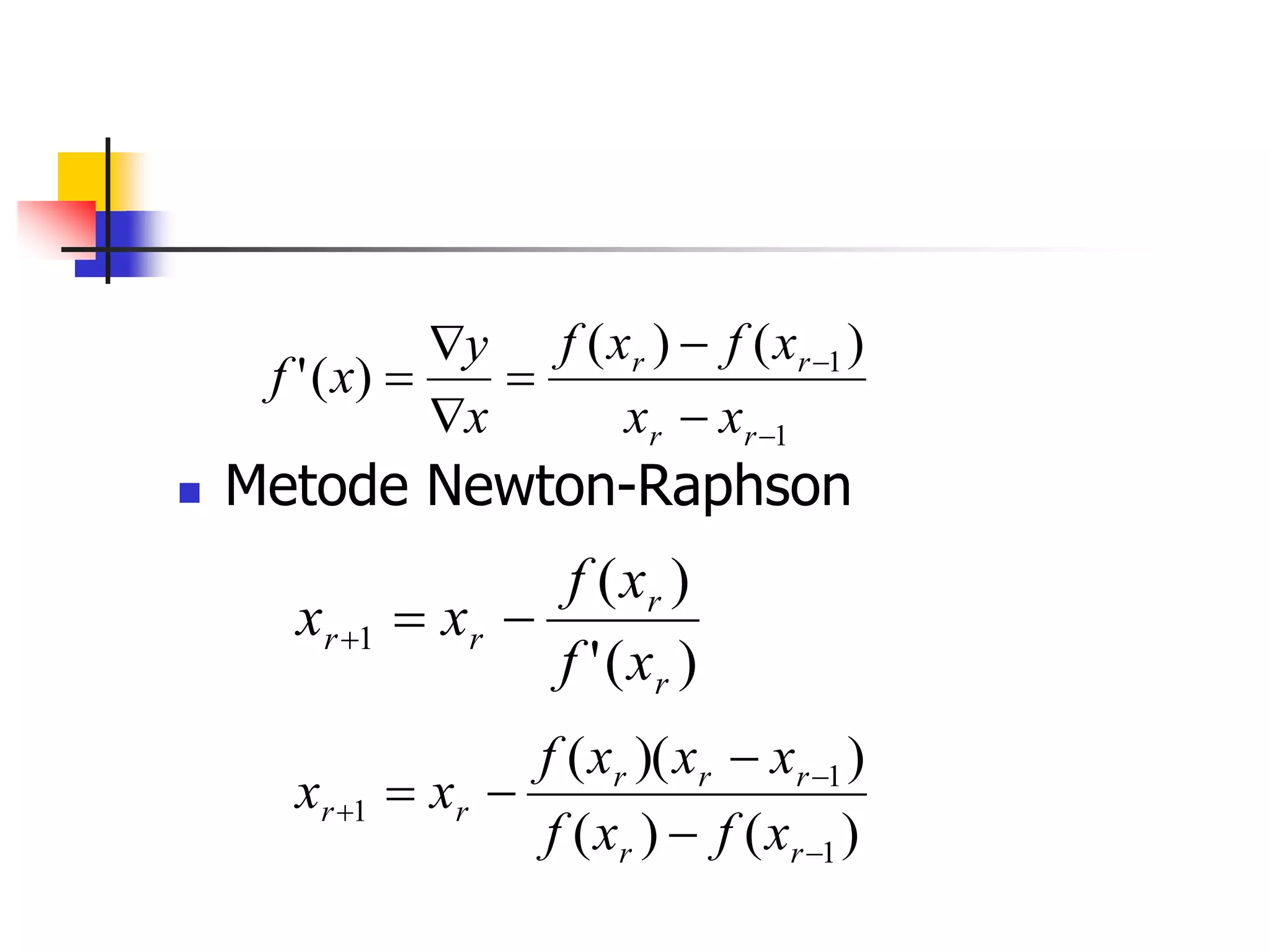  Metode Newton-Raphson
1
1)
(
)
(
)
(
'








r
r
r
r
x
x
x
f
x
f
x
y
x
f
)
(
'
)
(
1
r
r
r
r
x
f
x
f
x
x 


)
(
)
(
)
)(
(
1
1
1







r
r
r
r
r
r
r
x
f
x
f
x
x
x
f
x
x
 