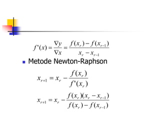  Metode Newton-Raphson
1
1)
(
)
(
)
(
'








r
r
r
r
x
x
x
f
x
f
x
y
x
f
)
(
'
)
(
1
r
r
r
r
x
f
x
f
x
x 


)
(
)
(
)
)(
(
1
1
1







r
r
r
r
r
r
r
x
f
x
f
x
x
x
f
x
x
 