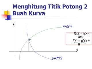 Menghitung Titik Potong 2
Buah Kurva
x
y
y=f(x)
y=g(x)
p
f(x) = g(x)
atau
f(x) – g(x) =
0
 