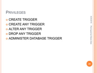 PRIVILEGES
 CREATE TRIGGER
 CREATE ANY TRIGGER
 ALTER ANY TRIGGER
 DROP ANY TRIGGER
 ADMINISTER DATABASE TRIGGER
6/25/2016PemrogramanBasisData
24
 