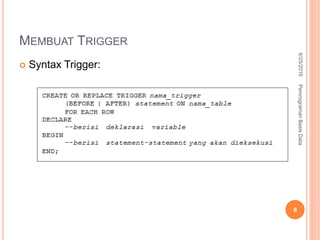 MEMBUAT TRIGGER
 Syntax Trigger:
6/25/2016PemrogramanBasisData
8
 