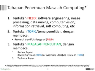 Tahapan Penemuan Masalah Computing*
1. Tentukan FIELD: software engineering, image
processing, data mining, computer vision,
information retrieval, soft computing, etc
2. Tentukan TOPIC/tema penelitian, dengan
membaca:
• Research trend/challenge on (FIELD)
3. Tentukan MASALAH PENELITIAN, dengan
membaca:
1. Review Paper:
Review/Survey on (TOPIC) or Systematic Literature review on (TOPIC)
2. Technical Paper
* http://romisatriawahono.net/2013/01/23/tahapan-memulai-penelitian-untuk-mahasiswa-galau/
10
 