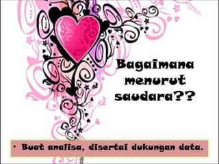 Bagaimana
menurut
saudara??
• Buat analisa, disertai dukungan data.
 