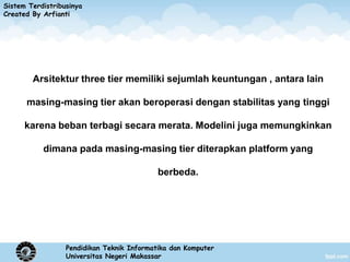 Sistem Terdistribusinya
Created By Arfianti




        Arsitektur three tier memiliki sejumlah keuntungan , antara lain

      masing-masing tier akan beroperasi dengan stabilitas yang tinggi

      karena beban terbagi secara merata. Modelini juga memungkinkan

           dimana pada masing-masing tier diterapkan platform yang

                                            berbeda.




                  Pendidikan Teknik Informatika dan Komputer
                  Universitas Negeri Makassar
 