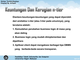 Sistem Terdistribusinya
Created By Arfianti




               Diantara keuntungan-keuntungan yang dapat diperoleh
               dari arsitektur n-tier (atau 3-tier pada umumnya), yang
               terutama adalah:
               1. Kemudahan perubahan business logic di masa yang
                 akan dating
               2. Business logic yang mudah diimplementasi dan
               dipelihara
               3. Aplikasi client dapat mengakses berbagai tipe DBMS
                 yang berbeda-beda secara transparan.


                  Pendidikan Teknik Informatika dan Komputer
                  Universitas Negeri Makassar
 