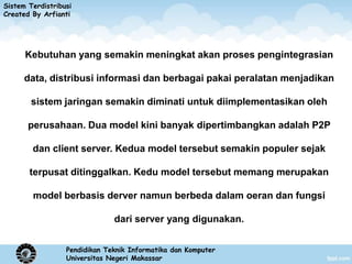 Sistem Terdistribusi
Created By Arfianti




      Kebutuhan yang semakin meningkat akan proses pengintegrasian

      data, distribusi informasi dan berbagai pakai peralatan menjadikan

        sistem jaringan semakin diminati untuk diimplementasikan oleh

       perusahaan. Dua model kini banyak dipertimbangkan adalah P2P

        dan client server. Kedua model tersebut semakin populer sejak

       terpusat ditinggalkan. Kedu model tersebut memang merupakan

        model berbasis derver namun berbeda dalam oeran dan fungsi

                               dari server yang digunakan.


                  Pendidikan Teknik Informatika dan Komputer
                  Universitas Negeri Makassar
 