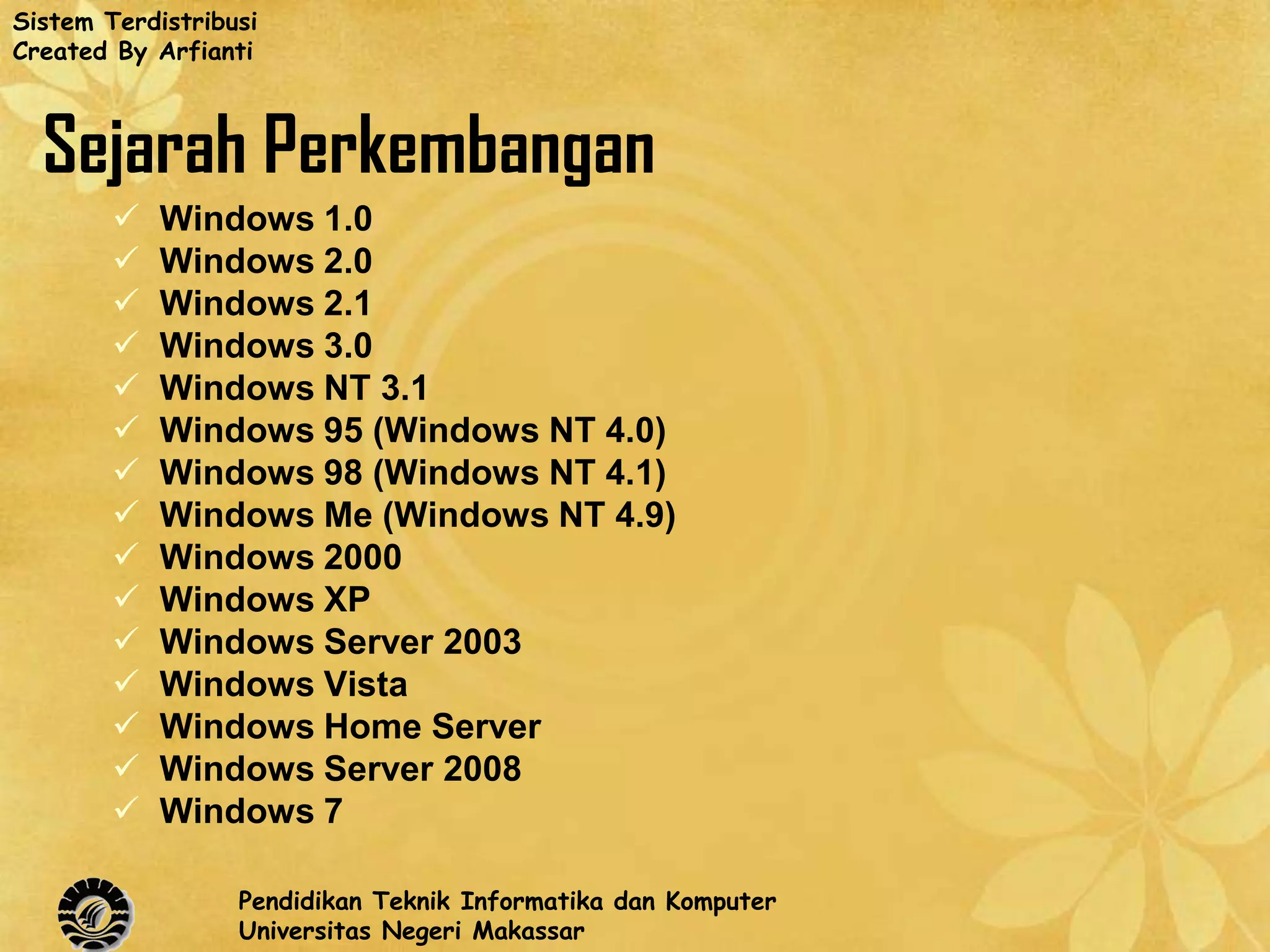 Sistem Terdistribusi
Created By Arfianti



  Sejarah Perkembangan
           Windows 1.0
           Windows 2.0
           Windows 2.1
           Windows 3.0
           Windows NT 3.1
           Windows 95 (Windows NT 4.0)
           Windows 98 (Windows NT 4.1)
           Windows Me (Windows NT 4.9)
           Windows 2000
           Windows XP
           Windows Server 2003
           Windows Vista
           Windows Home Server
           Windows Server 2008
           Windows 7

                  Pendidikan Teknik Informatika dan Komputer
                  Universitas Negeri Makassar
 
