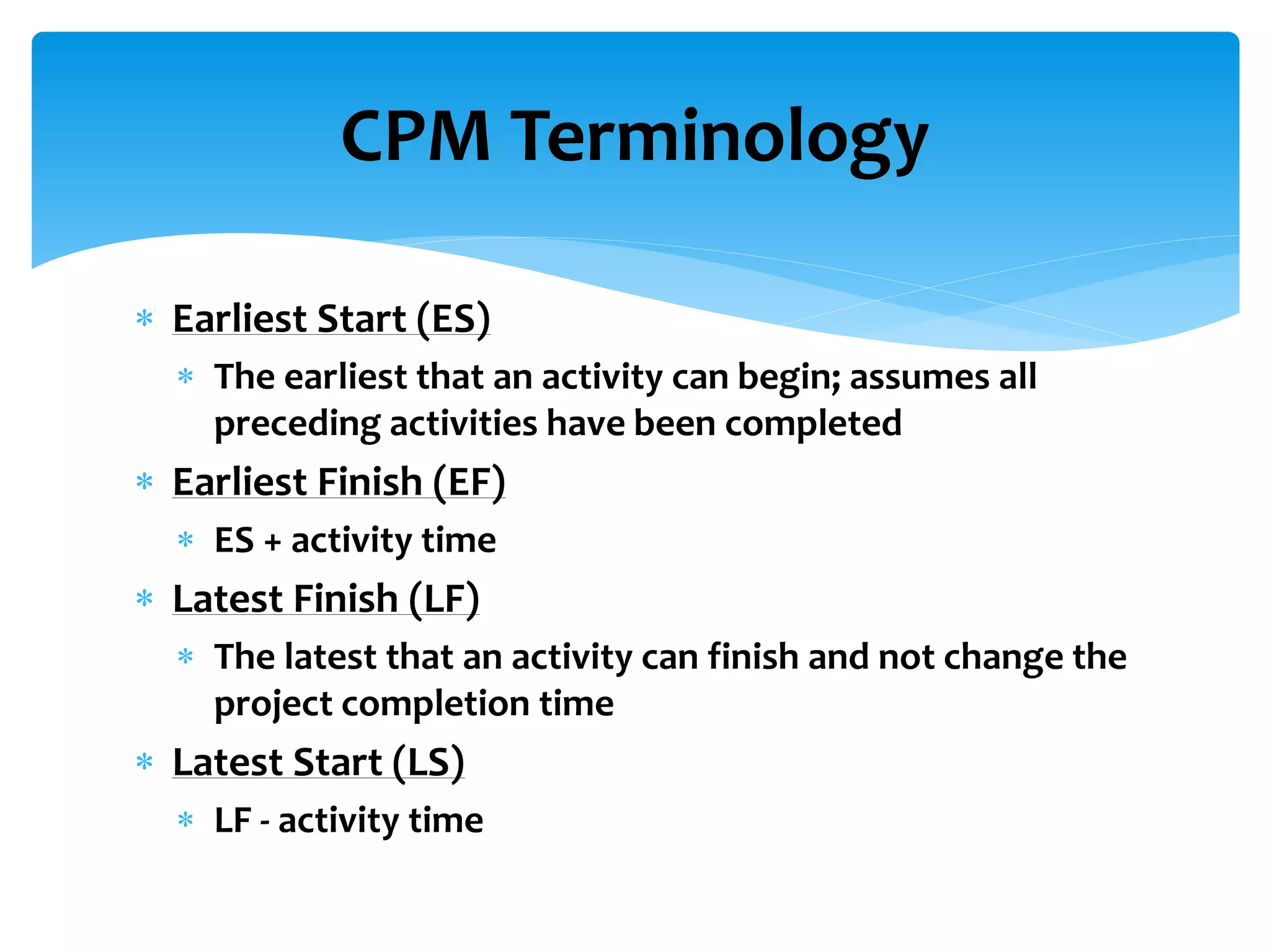 CPM Terminology
 Earliest Start (ES)
 The earliest that an activity can begin; assumes all
preceding activities have been completed
 Earliest Finish (EF)
 ES + activity time
 Latest Finish (LF)
 The latest that an activity can finish and not change the
project completion time
 Latest Start (LS)
 LF - activity time
 