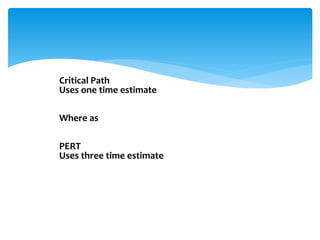 Critical Path
Uses one time estimate
Where as
PERT
Uses three time estimate
 