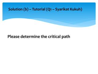 Solution (b) – Tutorial (Q1 – Syarikat Kukuh)
Please determine the critical path
 