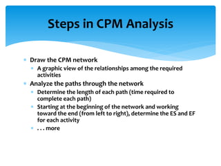 Steps in CPM Analysis
 Draw the CPM network
 A graphic view of the relationships among the required
activities
 Analyze the paths through the network
 Determine the length of each path (time required to
complete each path)
 Starting at the beginning of the network and working
toward the end (from left to right), determine the ES and EF
for each activity
 . . . more
 