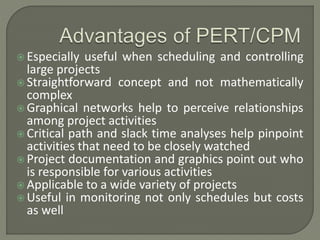  Especially useful when scheduling and controlling
large projects
 Straightforward concept and not mathematically
complex
 Graphical networks help to perceive relationships
among project activities
 Critical path and slack time analyses help pinpoint
activities that need to be closely watched
 Project documentation and graphics point out who
is responsible for various activities
 Applicable to a wide variety of projects
 Useful in monitoring not only schedules but costs
as well
 