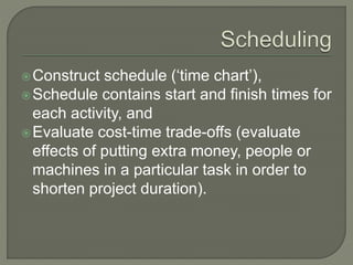 Construct schedule (‘time chart’),
Schedule contains start and finish times for
each activity, and
Evaluate cost-time trade-offs (evaluate
effects of putting extra money, people or
machines in a particular task in order to
shorten project duration).
 