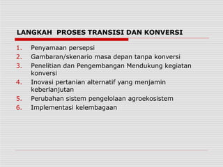 LANGKAH PROSES TRANSISI DAN KONVERSI
1. Penyamaan persepsi
2. Gambaran/skenario masa depan tanpa konversi
3. Penelitian dan Pengembangan Mendukung kegiatan
konversi
4. Inovasi pertanian alternatif yang menjamin
keberlanjutan
5. Perubahan sistem pengelolaan agroekosistem
6. Implementasi kelembagaan
 