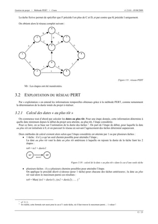 Gestion de projet > Méthode PERT > Cours

v1.2.0.0 – 05/08/2009

La tâche fictive permet de spécifier que F précède I en plus de C et D, et par contre que K précède I uniquement.
On obtient alors le réseau complet suivant :
4
E

B
2

7

D
C

F
G

5

A

1

9

6

H
I

L
K

3

J

8

Figure 3.9 : réseau PERT

Nb : Les étapes ont été numérotées.

3.2 EXPLOITATION DU RÉSEAU PERT
Par « exploitation » on entend les informations temporelles obtenues grâce à la méthode PERT, comme notamment
la détermination de la durée totale du projet à réaliser.

3.2.1

Calcul des dates « au plus tôt »

On commence tout d’abord par calculer les dates au plus tôt. Pour une étape donnée, cette information détermine à
quelle date minimum depuis le début du projet sera atteinte, au plus tôt, l’étape considérée.
Pour ce faire, on se base sur l’estimation de la durée des tâches 1. On part de l’étape de début, pour laquelle la date
au plus tôt est initialisée à 0, et on parcourt le réseau en suivant l’agencement des tâches déterminé auparavant.
Deux méthodes de calcul existent alors selon que l’étape considérée est atteinte par 1 ou par plusieurs tâches :
O 1 tâche : il n’y a qu’un seul chemin possible pour atteindre l’étape ;
La date au plus tôt vaut la date au plus tôt antérieure à laquelle on rajoute la durée de la tâche liant les 2
étapes :
to0 = to1 + durée1
to1

to0
durée1

Figure 3.10 : calcul de la date « au plus tôt » dans le cas d’une seule tâche
O plusieurs tâches : il y a plusieurs chemins possibles pour atteindre l’étape.

On applique le procédé décrit ci-dessus (pour 1 tâche) pour chacune des tâches antérieures ; la date au plus
tôt vaut alors le maximum parmi ces résultats :
to0 = Max( (to1 + durée1) ; (to2 + durée2) ; … ) 2

1
2

cf. 3.1.1.
En réalité, cette formule sert aussi pour le cas d’1 seule tâche, où il faut trouver le maximum parmi… 1 valeur !
12 / 23

 