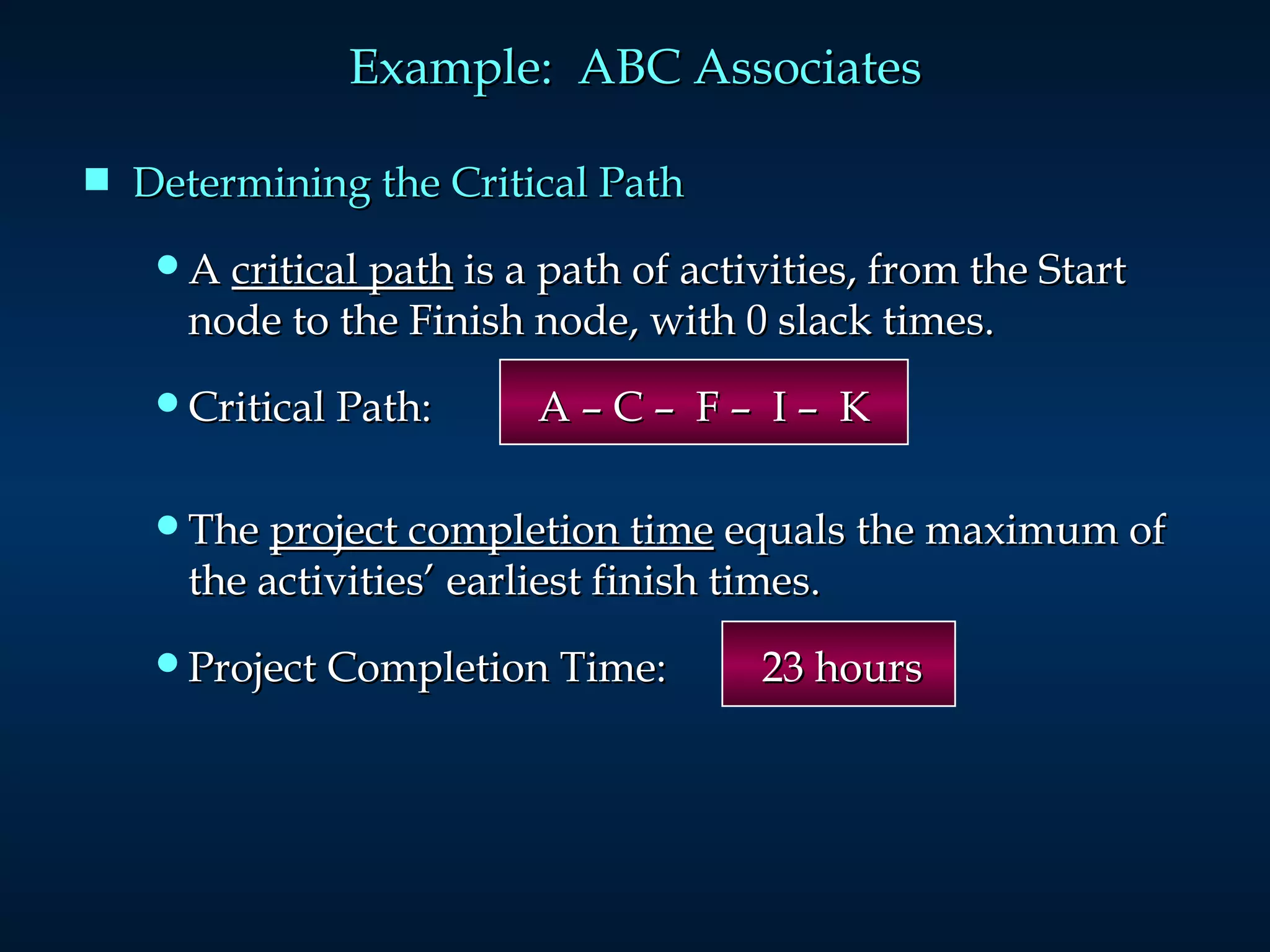 Determining the Critical Path A  critical path  is a path of activities, from the Start node to the Finish node, with 0 slack times. Critical Path:  A – C –  F –  I –  K The  project completion time  equals the maximum of the activities’ earliest finish times. Project Completion Time:  23 hours Example:  ABC Associates 