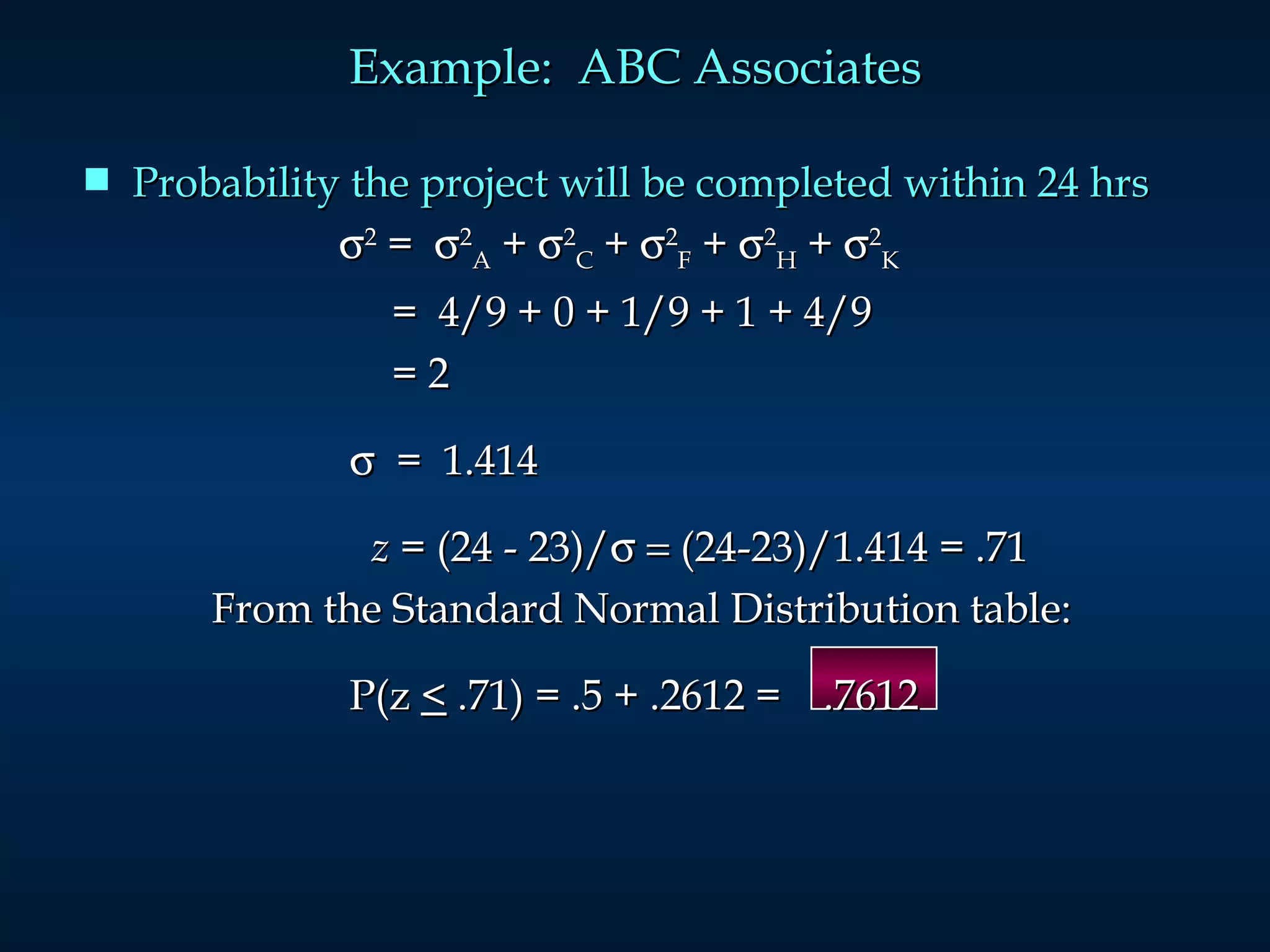 Example:  ABC Associates Probability the project will be completed within 24 hrs  2  =   2 A  +   2 C  +   2 F  +   2 H  +   2 K   =  4/9 + 0 + 1/9 + 1 + 4/9    = 2      =  1.414   z  = (24 - 23)/  (24-23)/1.414 = .71 From the Standard Normal Distribution table:   P(z  <  .71) = .5 + .2612 =  .7612 