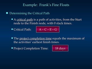 Determining the Critical Path A  critical path  is a path of activities, from the Start node to the Finish node, with 0 slack times. Critical Path:  A – C – E – G The  project completion time  equals the maximum of the activities’ earliest finish times. Project Completion Time:  18 days Example:  Frank’s Fine Floats 