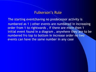 Fulkerson’s Rule
The starting event(having no predecessor activity is
numbered as 1 ) other events are numbered in increasing
order from 1 to rightwards , if there are more then 1
initial event found in a diagram , anywhere they are to be
numbered fro top to bottom in increase order no two
events can have the same number in any case
 