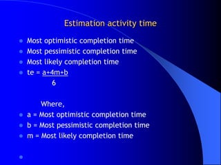 Estimation activity time
   Most optimistic completion time
   Most pessimistic completion time
   Most likely completion time
   te = a+4m+b
            6

      Where,
 a = Most optimistic completion time
 b = Most pessimistic completion time
 m = Most likely completion time



 