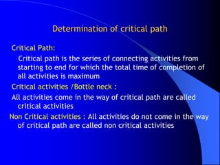 Determination of critical path

Critical Path:
  Critical path is the series of connecting activities from
  starting to end for which the total time of completion of
  all activities is maximum
Critical activities /Bottle neck :
All activities come in the way of critical path are called
  critical activities
Non Critical activities : All activities do not come in the way
  of critical path are called non critical activities
 