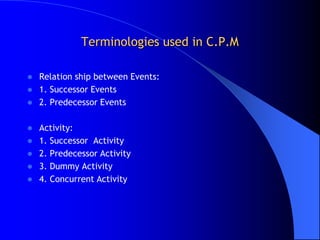 Terminologies used in C.P.M

   Relation ship between Events:
   1. Successor Events
   2. Predecessor Events

   Activity:
   1. Successor Activity
   2. Predecessor Activity
   3. Dummy Activity
   4. Concurrent Activity
 