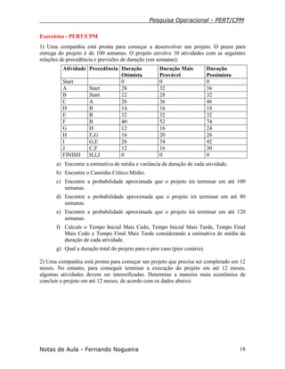 Pesquisa Operacional - PERT/CPM
Notas de Aula - Fernando Nogueira 18
Exercícios - PERT/CPM
1) Uma companhia está pronta para começar a desenvolver um projeto. O prazo para
entrega do projeto é de 100 semanas. O projeto envolve 10 atividades com as seguintes
relações de precedência e previsões de duração (em semanas):
Atividade Precedência Duração
Otimista
Duração Mais
Provável
Duração
Pessimista
Start 0 0 0
A Start 28 32 36
B Start 22 28 32
C A 26 36 46
D B 14 16 18
E B 32 32 32
F B 40 52 74
G D 12 16 24
H E,G 16 20 26
I G,E 26 34 42
J C,F 12 16 30
FINISH H,I,J 0 0 0
a) Encontre a estimativa de média e variância da duração de cada atividade.
b) Encontre o Caminho Crítico Médio.
c) Encontre a probabilidade aproximada que o projeto irá terminar em até 100
semanas.
d) Encontre a probabilidade aproximada que o projeto irá terminar em até 80
semanas.
e) Encontre a probabilidade aproximada que o projeto irá terminar em até 120
semanas.
f) Calcule o Tempo Inicial Mais Cedo, Tempo Inicial Mais Tarde, Tempo Final
Mais Cedo e Tempo Final Mais Tarde considerando a estimativa de média da
duração de cada atividade.
g) Qual a duração total do projeto para o pior caso (pior cenário).
2) Uma companhia está pronta para começar um projeto que precisa ser completado em 12
meses. No entanto, para conseguir terminar a execução do projeto em até 12 meses,
algumas atividades devem ser intensificadas. Determine a maneira mais econômica de
concluir o projeto em até 12 meses, de acordo com os dados abaixo:
 