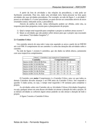 Pesquisa Operacional - PERT/CPM
Notas de Aula - Fernando Nogueira 3
A partir da lista de atividades e das relações de precedência, a rede pode ser
facilmente construída. Para isto, dado uma atividade (nó), basta procurar na lista quais
atividades são suas atividades precedentes. Por exemplo, na rede da figura 1, a atividade J
possui as atividades F e I como precedentes, as quais devem ser conectadas através de arcos
orientados (setas), indicando assim, a precedência.
Através da análise da rede, várias informações podem ser obtidas, entre elas, as
respostas para duas perguntas cruciais para o planejamento do projeto:
1) Qual o tempo total requerido para completar o projeto se nenhum atraso ocorrer ?
2) Quais as atividades que não podem sofrer atrasos para que o projeto seja executado
sem atraso ("Atividades Gargalos") ?
2.1 Caminho Crítico
Um caminho através de uma rede é uma rota seguindo os arcos a partir do nó INÍCIO
até o nó FIM. O comprimento de um caminho é a soma das durações das atividades sobre o
caminho.
Na rede da figura 1 existem 6 caminhos, que são dados na tabela abaixo, juntamente
com seus respectivos comprimentos:
Tabela 2 - Caminhos e seus respectivos Comprimentos
Caminho Comprimento (semanas)
Inicio-A-B-C-D-G-H-M-Fim 2 + 4 + 10 + 6 + 7 + 9 + 2 = 40
Inicio-A-B-C-E-H-M-Fim 2 + 4 + 10 + 4 + 9 + 2 = 31
Inicio-A-B-C-E-F-J-K-N-Fim 2 + 4 + 10 + 4 + 5 + 8 + 4 + 6 = 43
Inicio-A-B-C-E-F-J-L-N-Fim 2 + 4 + 10 + 4 + 5 + 8 + 5 + 6 = 44
Inicio-A-B-C-I-J-K-N-Fim 2 + 4 + 10 + 7 + 8 + 4 + 6 = 41
Inicio-A-B-C-I-J-L-N-Fim 2 + 4 + 10 + 7 + 8 + 5 + 6 = 42
O Caminho com maior Comprimento é o Caminho Crítico, uma vez que todos os
demais Caminhos deverão alcançar o nó FIM antes do Caminho Crítico. Isto responde a
questão 1) dada acima, ou seja, o tempo total requerido é 44 semanas para completar o
projeto.
As atividades sobre este Caminho são as Atividades Críticas (Atividades Gargalos),
ou seja, qualquer atraso em uma dessas atividades irá atrasar a duração de todo o projeto. Já
as demais atividades se sofrerem algum atraso poderão ou não atrasar a duração de todo o
projeto.
A figura 2 mostra o Caminho Crítico.
 