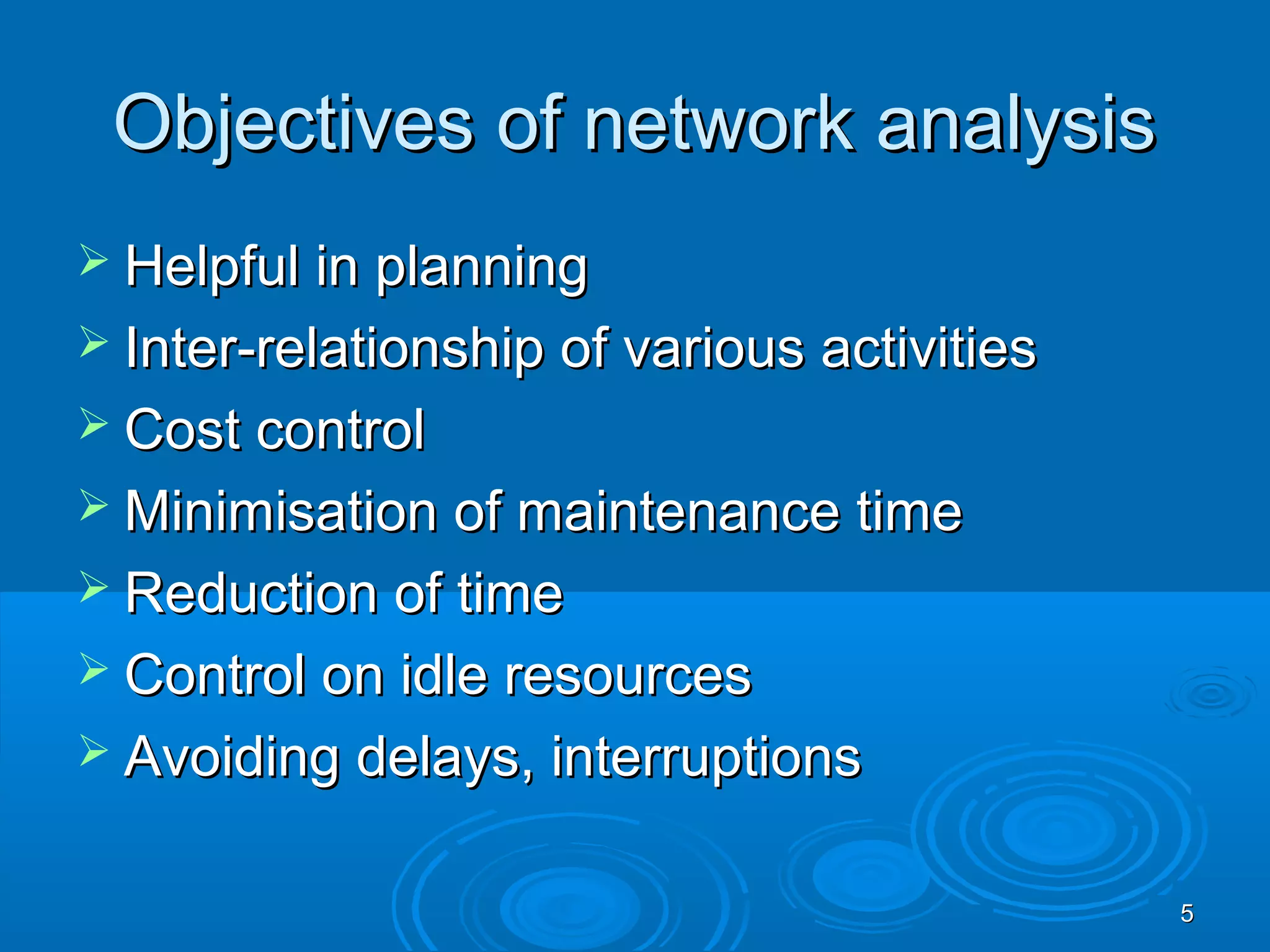 Objectives of network analysisObjectives of network analysis
 Helpful in planningHelpful in planning
 Inter-relationship of various activitiesInter-relationship of various activities
 Cost controlCost control
 Minimisation of maintenance timeMinimisation of maintenance time
 Reduction of timeReduction of time
 Control on idle resourcesControl on idle resources
 Avoiding delays, interruptionsAvoiding delays, interruptions
55
 