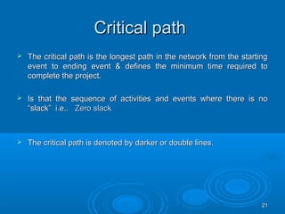 Critical pathCritical path
 The critical path is the longest path in the network from the startingThe critical path is the longest path in the network from the starting
event to ending event & defines the minimum time required toevent to ending event & defines the minimum time required to
complete the project.complete the project.
 Is that the sequence of activities and events where there is noIs that the sequence of activities and events where there is no
“slack” i.e..“slack” i.e.. Zero slackZero slack
 The critical path is denoted by darker or double lines.The critical path is denoted by darker or double lines.
2121
 