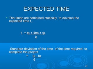 EXPECTED TIMEEXPECTED TIME
 The times are combined statically to develop theThe times are combined statically to develop the
expected time texpected time tee ..
ttee == to + 4tm + tpto + 4tm + tp
66
Standard deviation of the time of the time required toStandard deviation of the time of the time required to
complete the projectcomplete the project
== tp - totp - to
66
2727
 