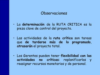 Observaciones La  determinación  de la RUTA CRITICA es la pieza clave de control del proyecto.  Las actividades de la  ruta crítica  son tareas que  de tardarse más de lo programado ,  atrasarán  el proyecto total.  Los Gerentes pueden tener  flexibilidad con las actividades no críticas : replanificarlas y reasignar recursos monetarios y de personal. 