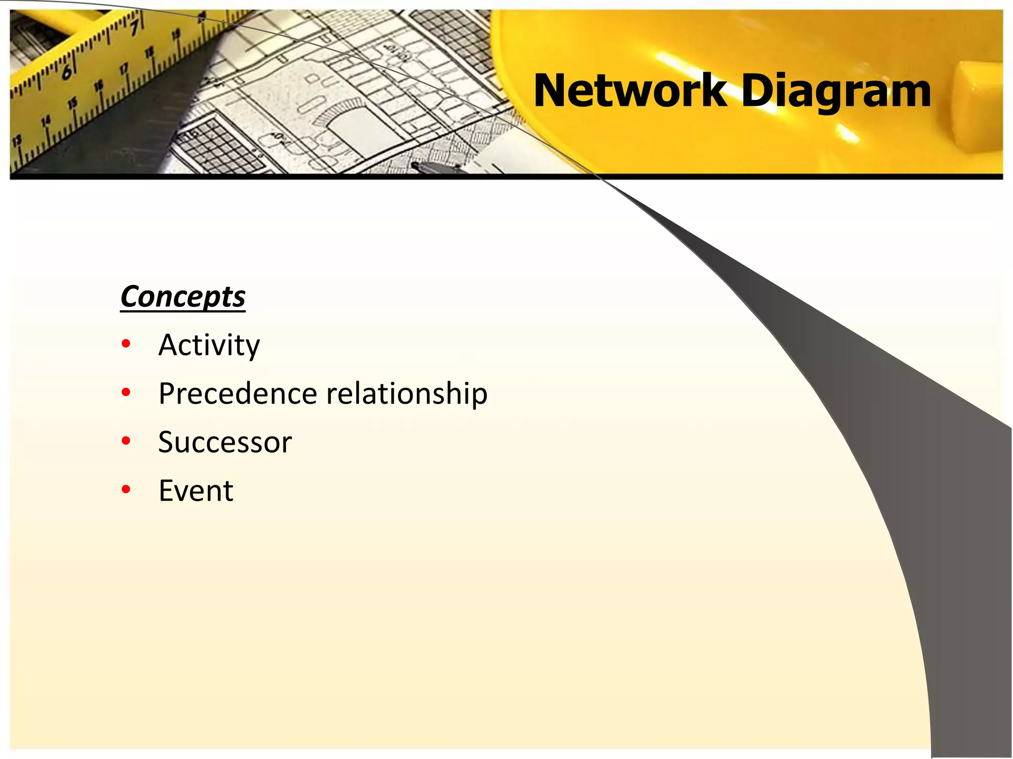 Network Diagram
Concepts
• Activity
• Precedence relationship
• Successor
• Event
 
