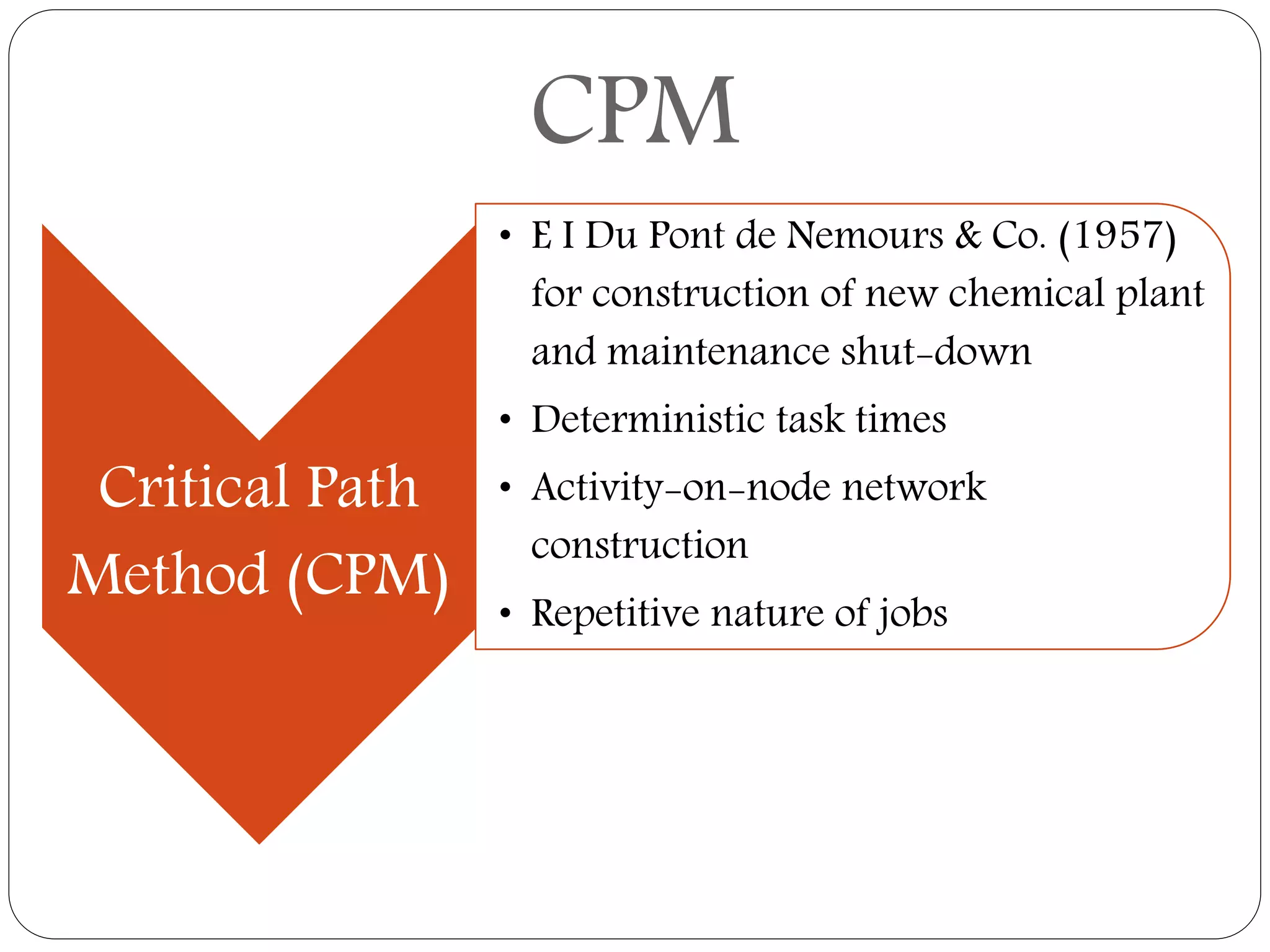 Critical Path
Method (CPM)
• E I Du Pont de Nemours & Co. (1957)
for construction of new chemical plant
and maintenance shut-down
• Deterministic task times
• Activity-on-node network
construction
• Repetitive nature of jobs
CPM
 