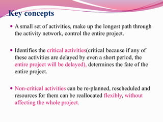 Key concepts
 A small set of activities, make up the longest path through
the activity network, control the entire project.
 Identifies the critical activities(critical because if any of
these activities are delayed by even a short period, the
entire project will be delayed), determines the fate of the
entire project.
 Non-critical activities can be re-planned, rescheduled and
resources for them can be reallocated flexibly, without
affecting the whole project.
 
