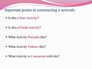 Important points in constructing a network:
 Is this a Start Activity?
 Is this a Finish Activity?
 What Activity Precedes this?
 What Activity Follows this?
 What Activity is Concurrent with this?
 
