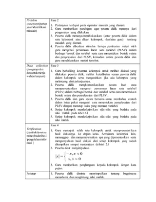 Problem
statement(pertan
yaan/identifikasi
masalah)
Fase 2
1. Pertanyaan terdapat pada separutar masalah yang diamati.
2. Guru memberikan pancingan agar peserta didik menanya dari
pengamatan yang dilakukan.
3. Peserta didik menanya/mendiskusikan (antar peserta didik dalam
satu kelompok atau diluar kelompok, dan/atau guru) tentang
masalah yang diamati.
4. Peserta didik diberikan stimulus berupa pemberian materi oleh
guru mengenai persamaan linear satu variabel (PLSV) dalam
berbagai bentuk dan variabel serta cara menentukan bentuk setara
dan penyelesaian dari PLSV, kemudian antara peserta didik dan
guru mendiskusikan materi tersebut.
Data collection
(pengumpulan
datauntukmenja
wabpertanyaan)
Fase 3
1. Guru berkeliling kesemua kelompok untuk melihat diskusi yang
dilakukan peserta didik, melihat keterlibatan semua peserta didik
dalam kelompok serta mengarahkan jika ada kelompok yang
melenceng dari pekerjaannya.
2. Peserta didik mengkomunikasikan secara lisan atau
mempresentasikan mengenai persamaan linear satu variabel
(PLSV) dalam berbagai bentuk dan variabel serta cara menentukan
bentuk setara dan penyelesaian dari PLSV.
3. Peserta didik dan guru secara bersama-sama membahas contoh
dalam buku paket mengenai cara menentukan penyelesaian dari
PLSV dengan menutup suku yang memuat variabel.
4. Setiap kelompok mendeskripsikan sifat-sifat yang berlaku pada
nilai mutlak pada tabel 2.1
5. Setiap kelompok mendeskripsikan sifat-sifat yang berlaku pada
nilai mutlak
Verification
(pembuktianatau
mencobadarihasi
lpengolahaninfor
masi )
Fase 4
1. Guru menunjuk salah satu kelompok untuk mempresentasikan
hasil diskusinya ke depan kelas. Sementara kelompok lain,
menanggapi dan menyempurnakan apa yang dipresentasikan serta
mengumpulkan hasil diskusi dari setiap kelompok yang sudah
ditampilkan sampai menemukan definisi 2.1
2. Peserta didik menyimpulkan






0,
0,
xx
xx
x
3. Guru memberikan penghargaan kepada kelompok dengan kata
pujian.
Penutup 1. Peserta didik diminta menyimpulkan tentang bagaimana
memahami dan menghitung nilai mutlak.
 