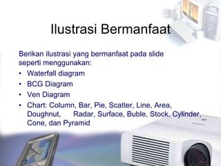 Ilustrasi Bermanfaat
Berikan ilustrasi yang bermanfaat pada slide
seperti menggunakan:
• Waterfall diagram
• BCG Diagram
• Ven Diagram
• Chart: Column, Bar, Pie, Scatter, Line, Area,
Doughnut, Radar, Surface, Buble, Stock, Cylinder,
Cone, dan Pyramid
 