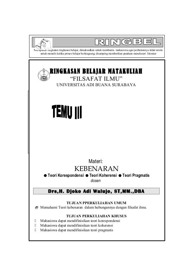 Filsafat Ilmu Pertemuan 3 Teori Kebenaran Djoko Aw