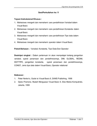 Algoritma dan pemrograman II B
Variabel, Konstanta, tipe data dan Operator Halaman 1 dari 5
Sesi/Perkuliahan ke: V
Tujuan Instruksional Khusus :
1. Mahasiswa mengerti dan memahami cara pendefinisian Variabel dalam
Visual Basic
2. Mahasiswa mengerti dan memahami cara pendefinisian Konstanta dalam
Visual Basic
3. Mahasiswa mengerti dan memahami cara pendefinisian Tipe data dalam
Visual Basic
4. Mahasiswa mengerti dan memahami operator dalam Visual Basic
Pokok Bahasan : Variabel, Konstanta, Tipe Data Dan Operator
Deskripsi singkat : Dalam pertemuan ini akan mempelajari tentang pengertian
variabel, syarat penamaan dan pendefinisiannya, DIM, GLOBAL, REDIM,
DEFTYPE, pengertian konstanta, syarat penamaan dan pendefinisiannya,
CONST, Jenis tipe data dalam Visual Basic, Operator relational
Referensi :
1. Peter Norton’s, Guide to Visual Basic 6, SAMS Publishing, 1998
2. Djoko Pramono, Mudah Menguasai Visual Basic 6, Elex Media Komputindo,
Jakarta, 1999
 