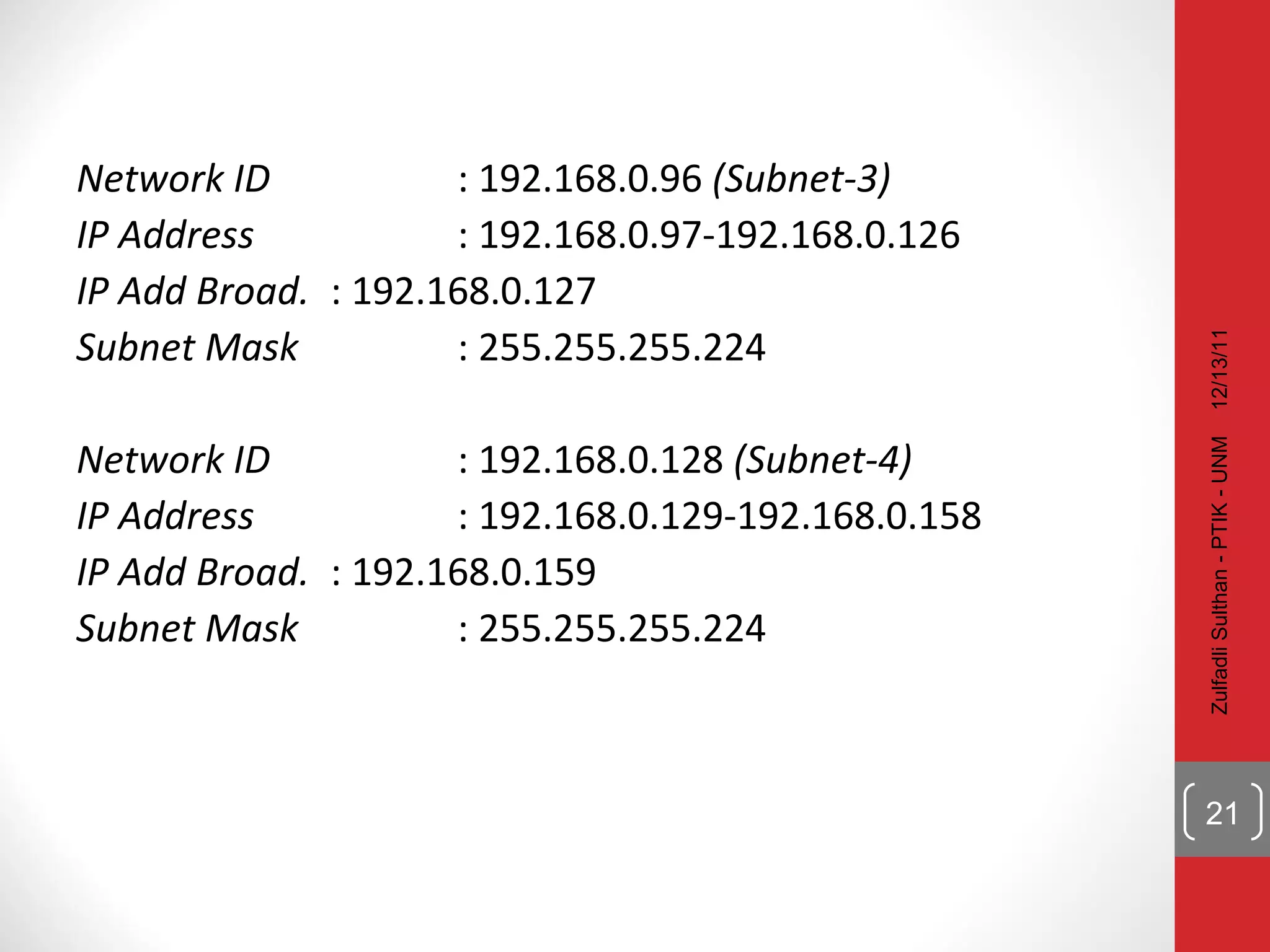 Network ID : 192.168.0.96  (Subnet-3) IP Address : 192.168.0.97-192.168.0.126 IP Add Broad. : 192.168.0.127 Subnet Mask : 255.255.255.224 Network ID : 192.168.0.128  (Subnet-4) IP Address : 192.168.0.129-192.168.0.158 IP Add Broad. : 192.168.0.159 Subnet Mask : 255.255.255.224 12/13/11 Zulfadli Sulthan - PTIK - UNM 